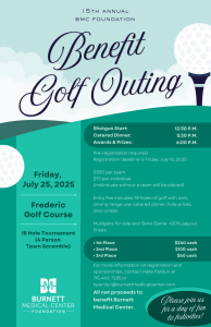 15th Annual BMC Foundation Benefit Golf Outing poster featuring event details, date, and location, promoting community engagement and fundraising for Burnett Medical Center.