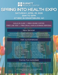 Spring into Health Expo poster featuring event details, including date, time, and location at Burnett Medical Center in Grantsburg, WI, with highlights of free lab tests, new DXA Body Composition Scans, and family activities.